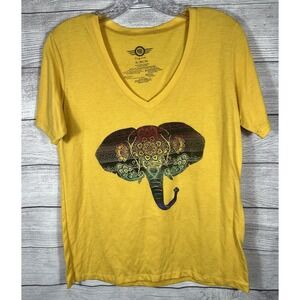 MAD Engine Women's XL Yellow Elephant Graphic V Neck Boho T Shirt